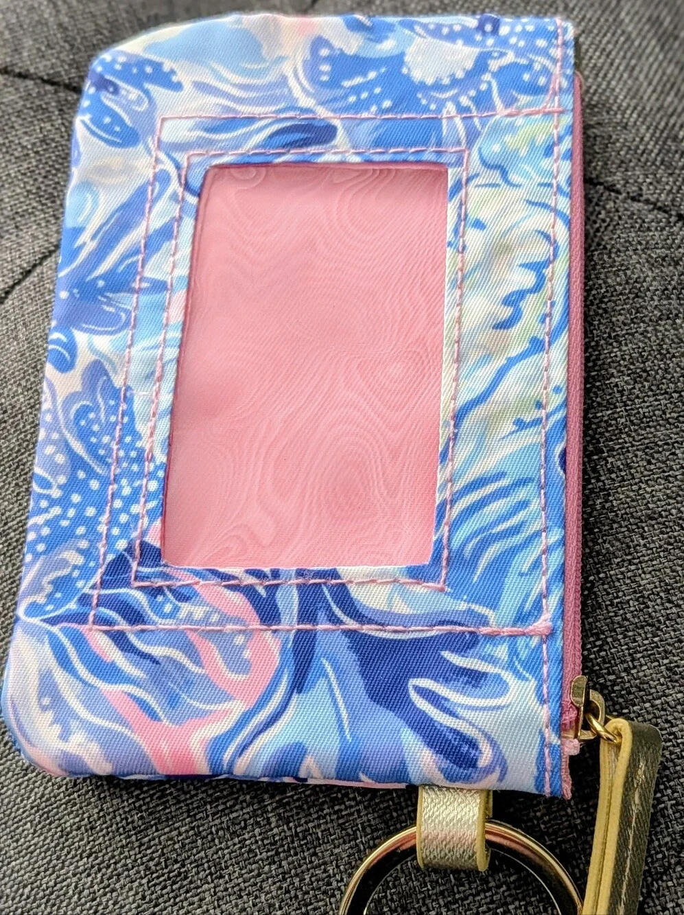 Lilly Pulitzer ID & Coin Zip Pouch Key Ring Blue Pink Waterproof Wristlet Wallet